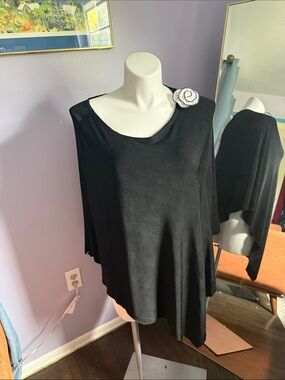 Vikki Vi Black Asymmetrical Cape Tunic with Rosette Accent
